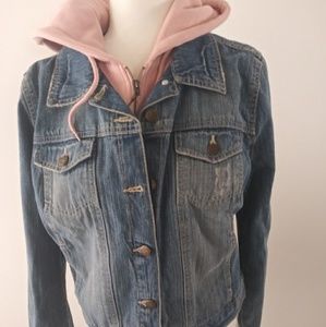 denim jacket with pink hoodie